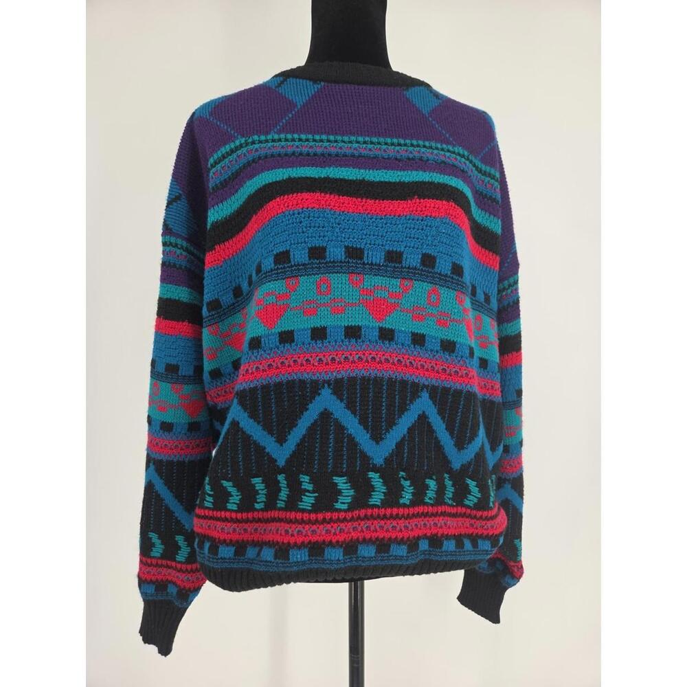 Vintage Sears Blue Purple Aqua Black Large Crew‎ Cosby Pullover Sweater Top